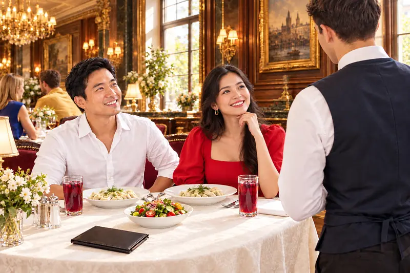 Cặp đôi Việt ăn trưa trong nhà hàng cổ điển ốp gỗ có đèn chùm và tranh sơn dầu, trên bàn có pelmeni, salad, ly nước quả mọng và cuốn sổ hoá đơn bằng da, họ mỉm cười với người phục vụ