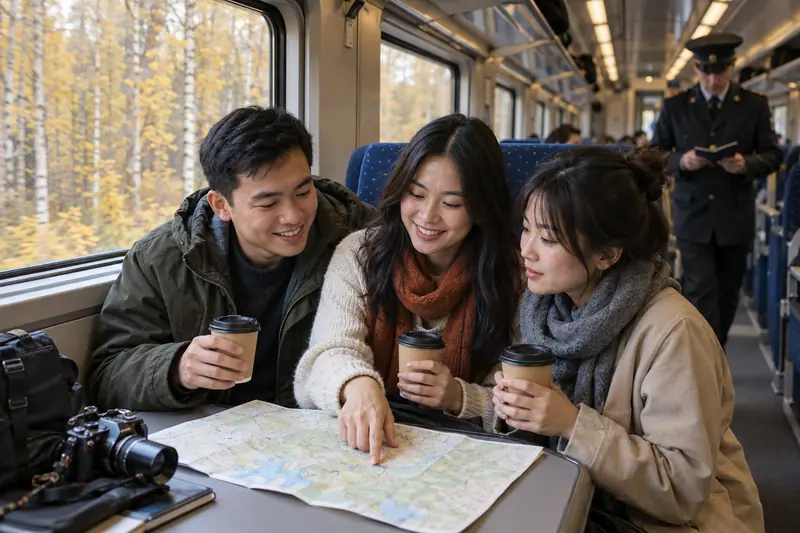 Nhóm bạn người Việt trên tàu xem bản đồ, rừng bạch dương ngoài cửa sổ